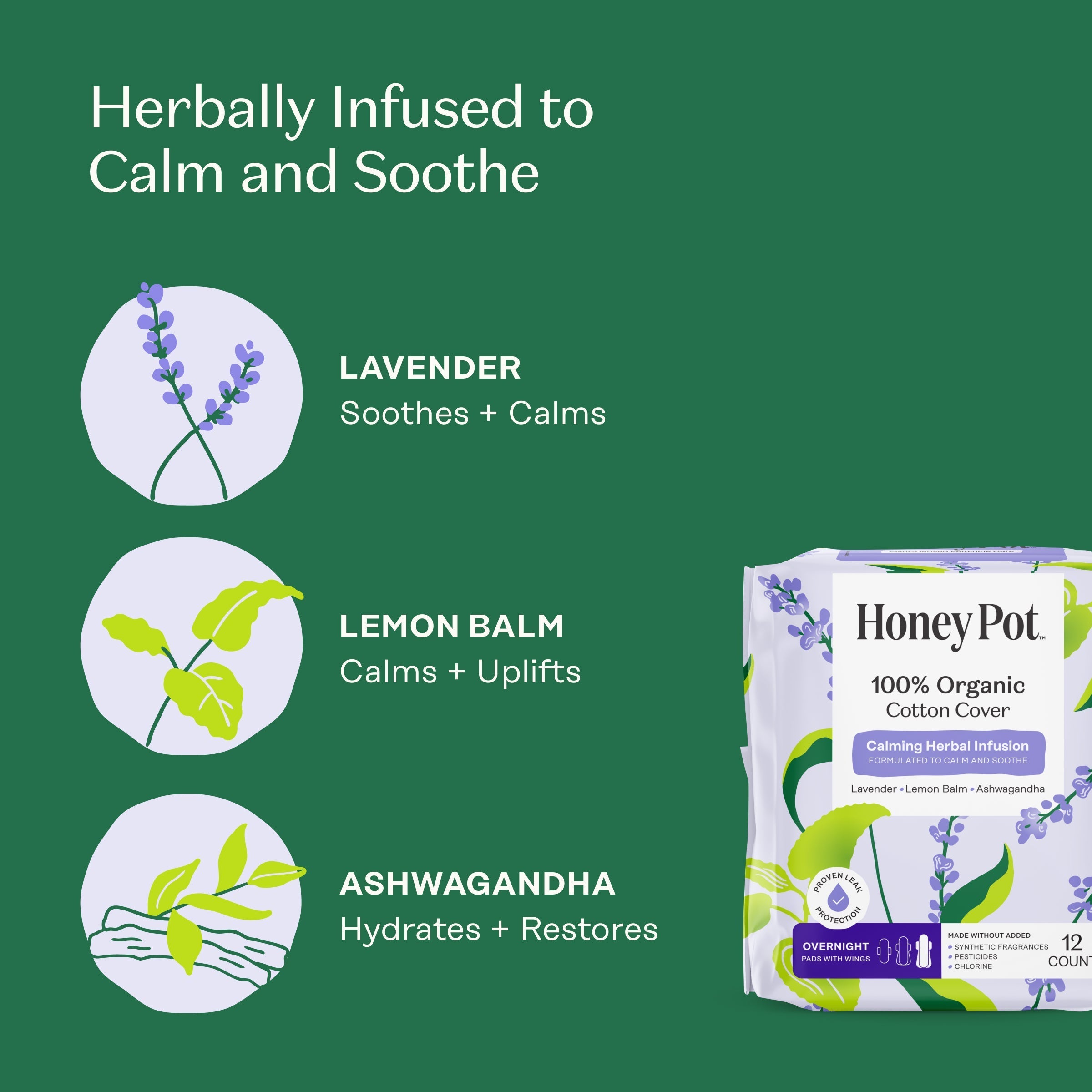 Organic Cotton Cover Calming Herbal Infusion Overnight Pads With Wings