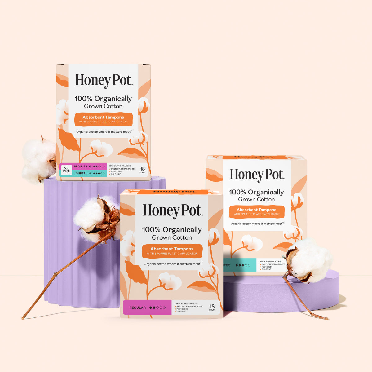 Regular 100% Organically Grown Cotton BPA Free Plastic Applicator Tampons