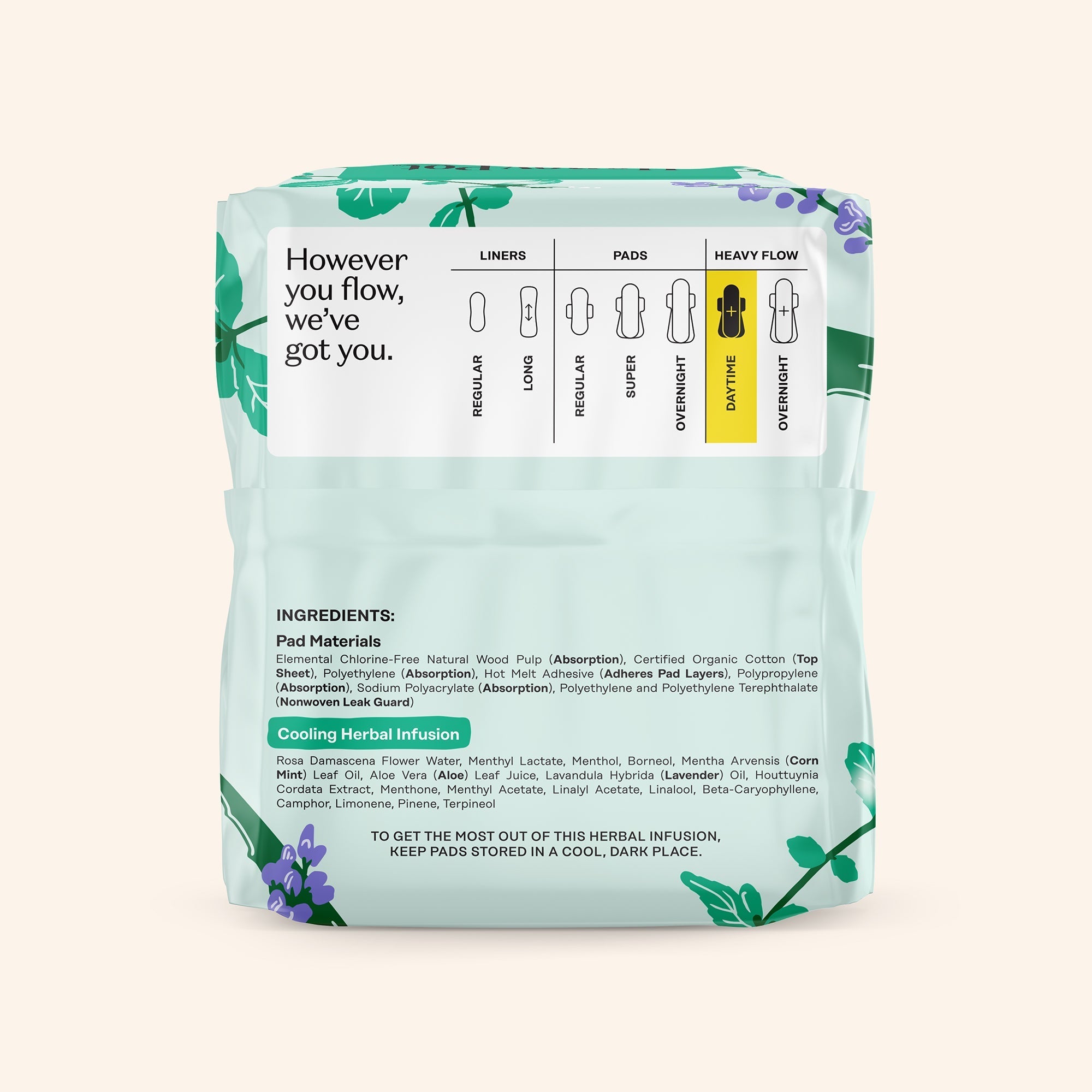 Organic Cotton Cover Cooling Herbal Infusion Heavy Flow Daytime Pads